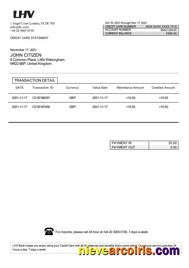 United Kingdom LHV Group bank statement in Word and PDF format